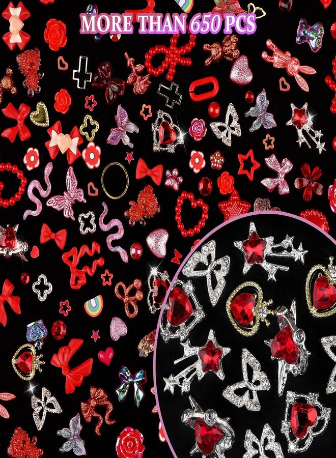 editTime 650pcs Mixed 3D Nail Charms Kit, 12pcs Luxury Metal Nail Rhinestones and 250pcs Resin Butterfly Flower Star Heart Bow Charms with 400pcs Flatback Pearls Rhinestone Metal Gems Charms (Red) - Image 5